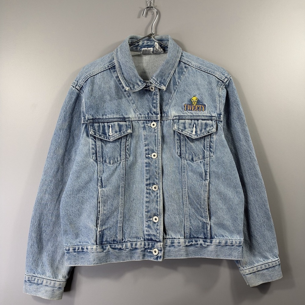 Looney Tunes Tweety Denim Jacket Womens Large Blue Button Front Embroidered